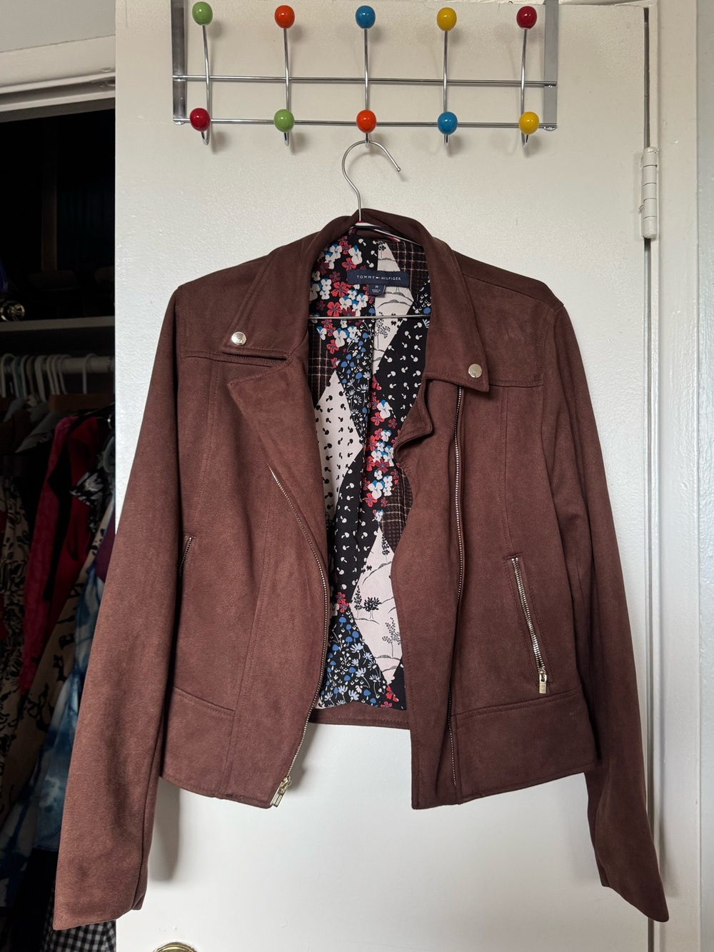 Tommy Hilfiger Women’s Brown Faux Suede Moto Jacket - Floral Lining